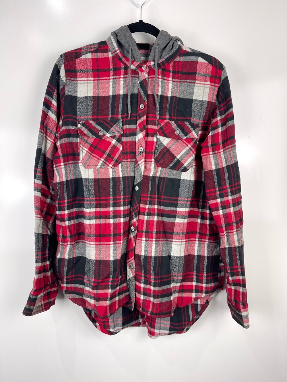 Empyre Hooded Flannel Shacket Women’s Size Large Red Black Plaid Button Up Shirt